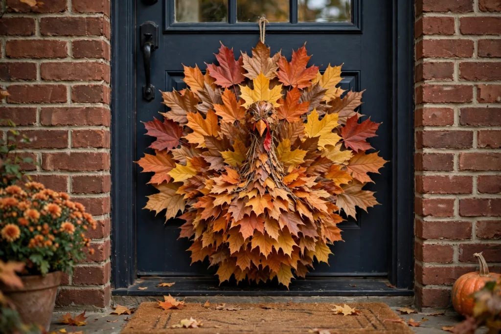Autumn leaf turkey wreath with maple leaves on brick front door entryway.
