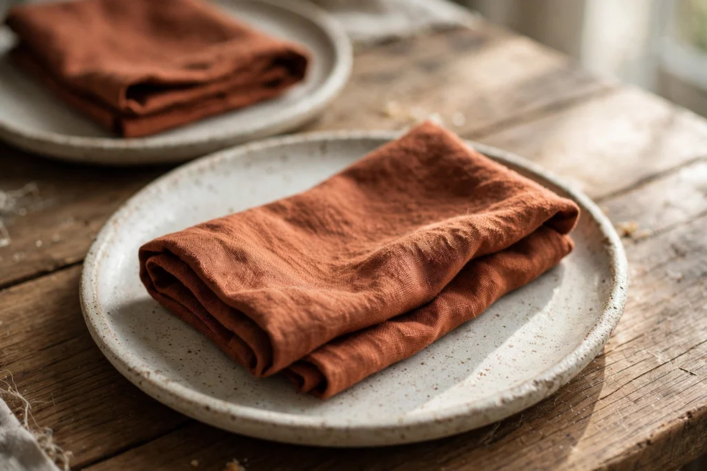 Friendsgiving Decor Ideas for a Fun Festive Party 3 Folded rust linen napkins on ceramic plates at a wooden table in daylight.