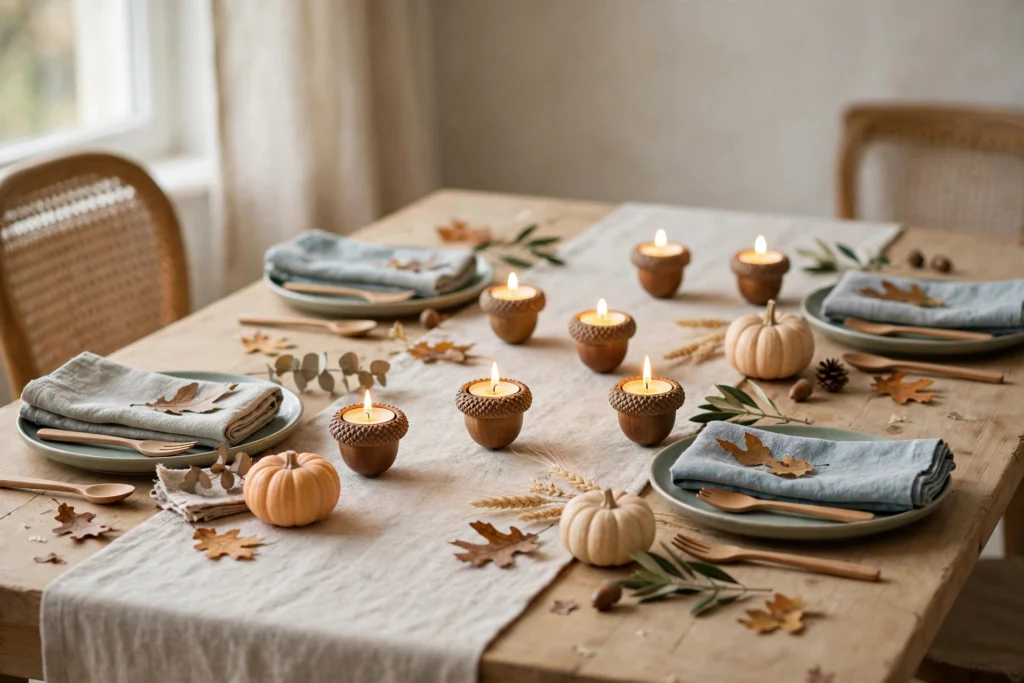 Glowing tea lights in acorn holders between settings on a children's Thanksgiving table