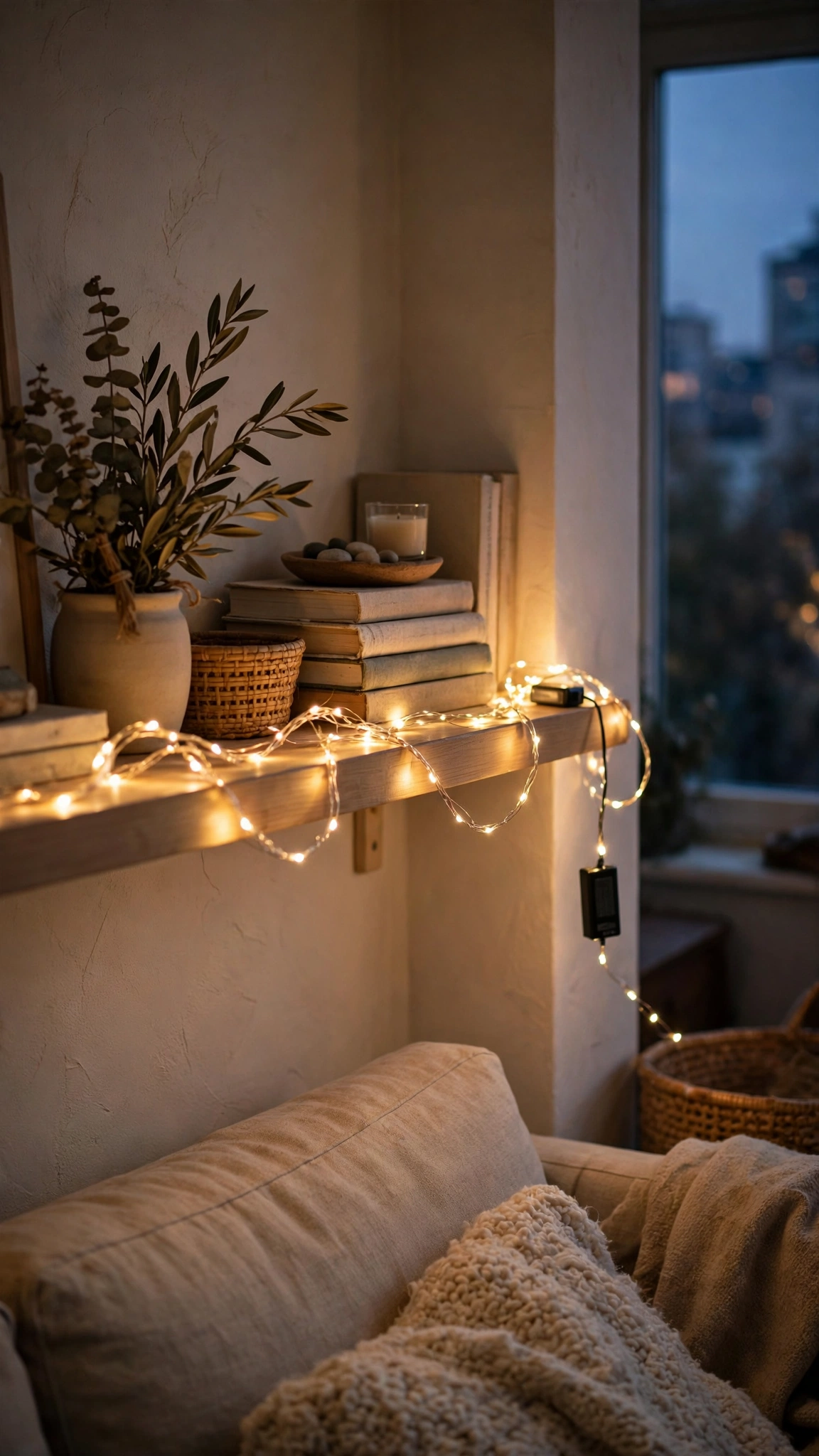 Battery fairy string lights glowing softly along a shelf in a rented living room.
