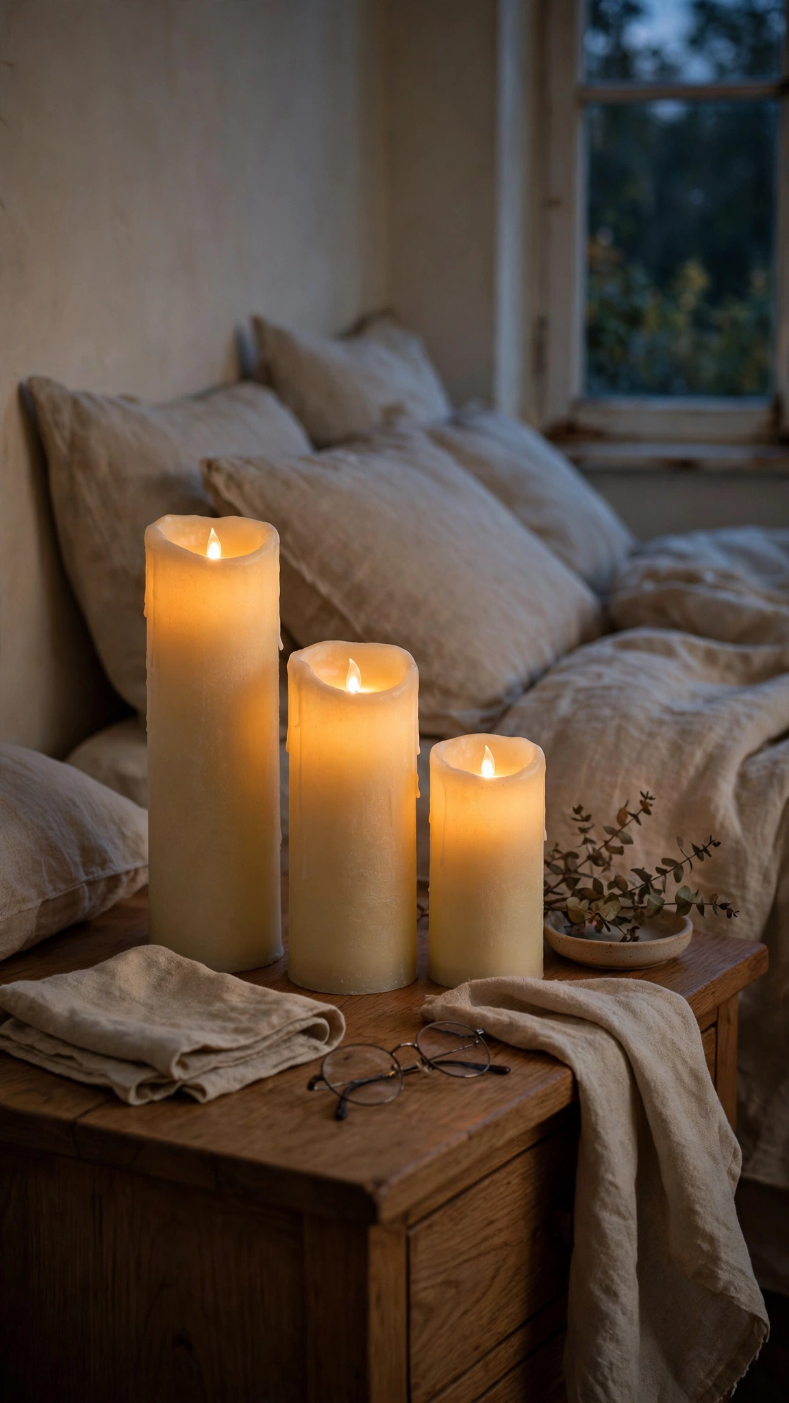 Christmas Bedroom Decor Ideas for a Cozy Festive Retreat 7 Battery-operated pillar candles glowing softly on a cozy bedroom nightstand at dusk