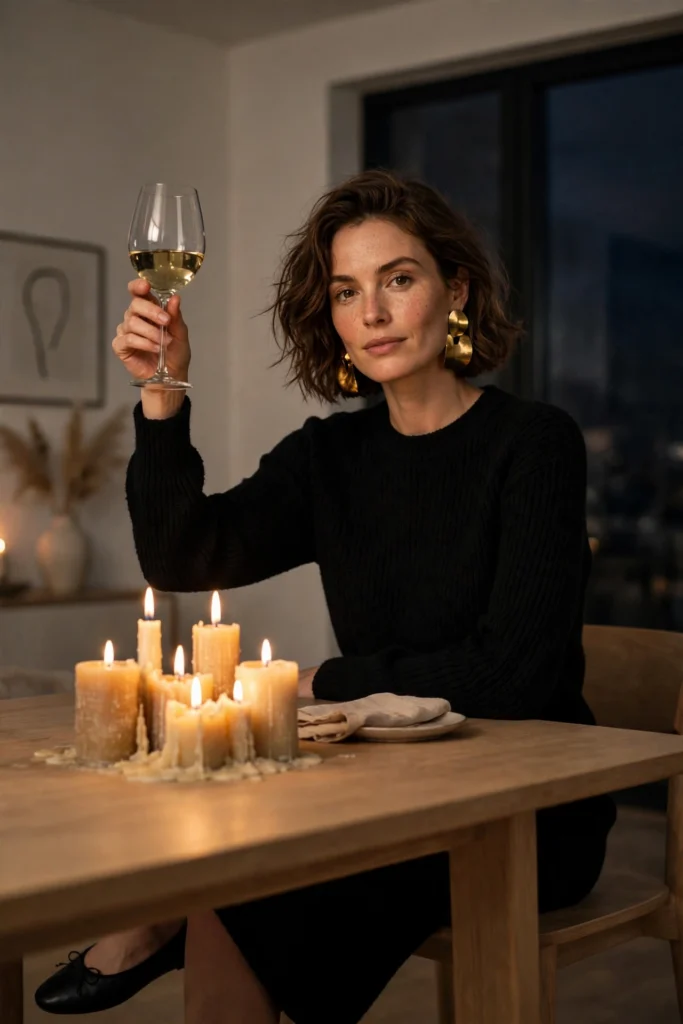 Turkey Day Outfit Ideas for a Festive Casual Look 20 Woman raising a glass in a black sweater dress and statement earrings.