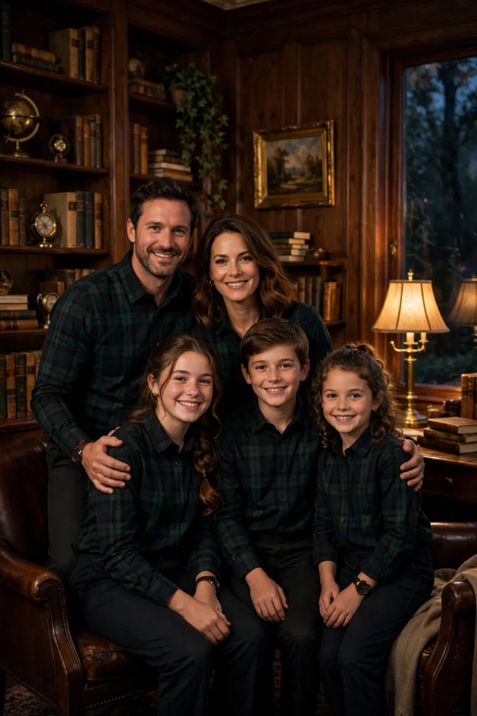 Family Thanksgiving Twinning Outfits for a Cute Photo Moment 13 Family of five in black watch tartan shirts posing in a wood-paneled study.