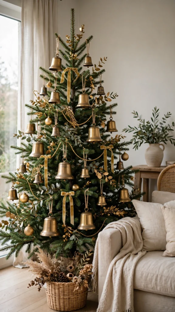 Christmas Tree Decorating Ideas for a Magical Holiday Look 19 Brass bell ornaments hanging on a Christmas tree with warm gold accents