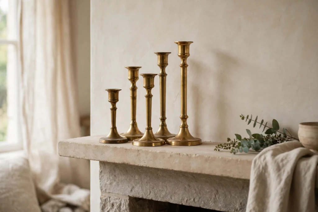 Brass candlestick cluster glowing warmly on a styled fireplace mantel.