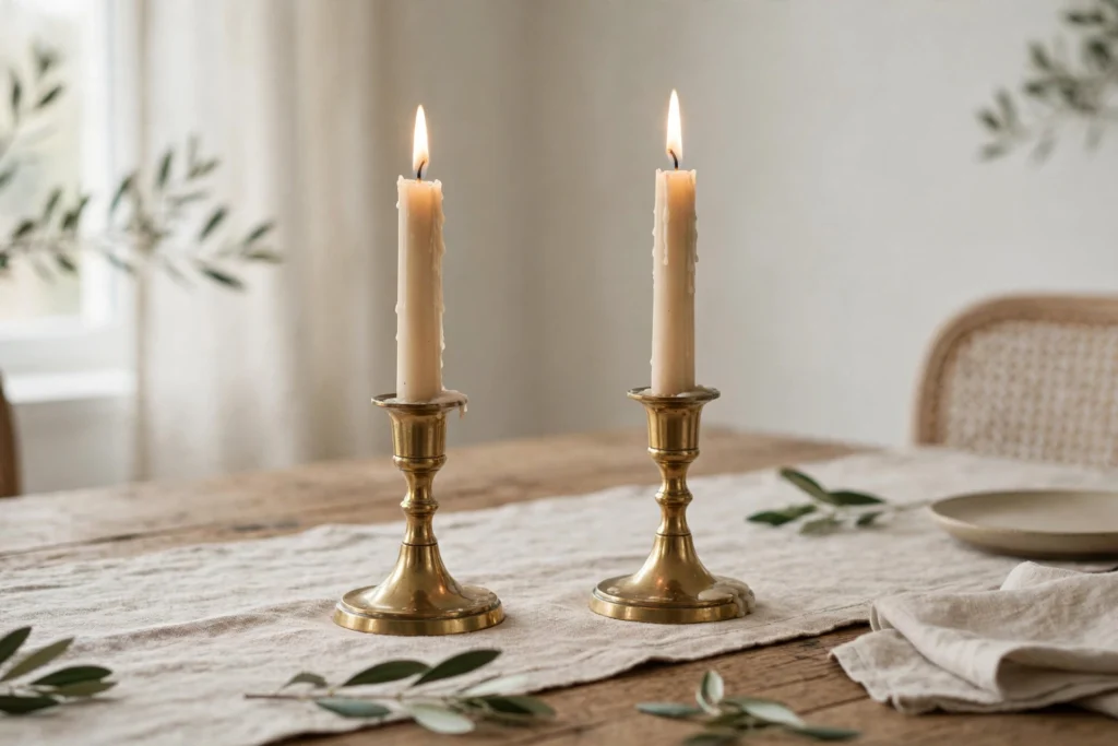 Turkey Day Decor Ideas for a Cozy Festive Home 15 Brass candlestick pair with lit tapers styled on a holiday dining table.