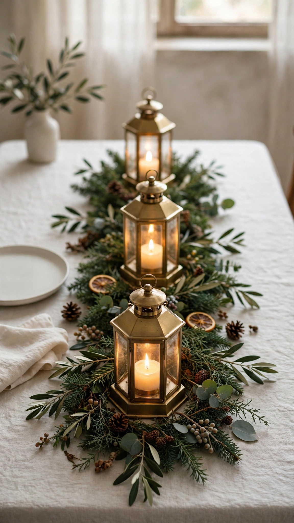 Brass lantern centerpieces glowing along a greenery garland on a Christmas dinner table.