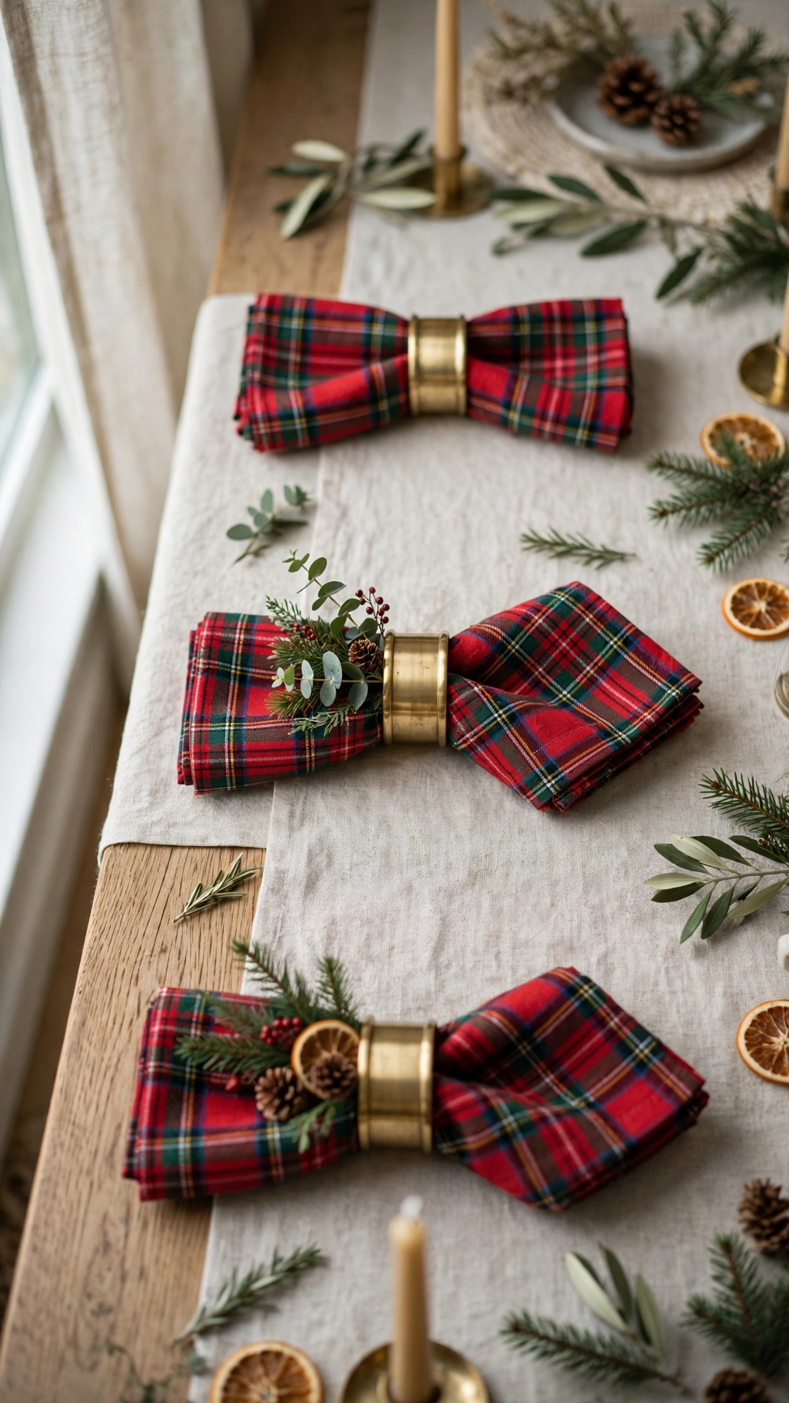 Brass napkin rings holding plaid cloth napkins on a festive Christmas dinner table.