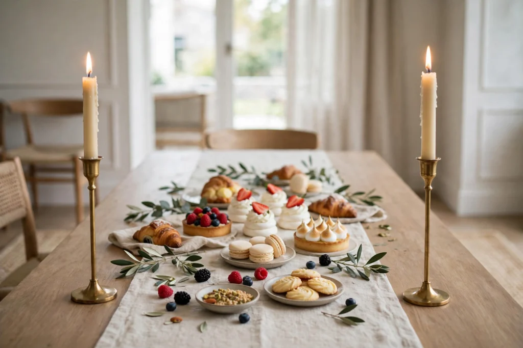 Brass taper candle holders glowing at both ends of a dessert table.