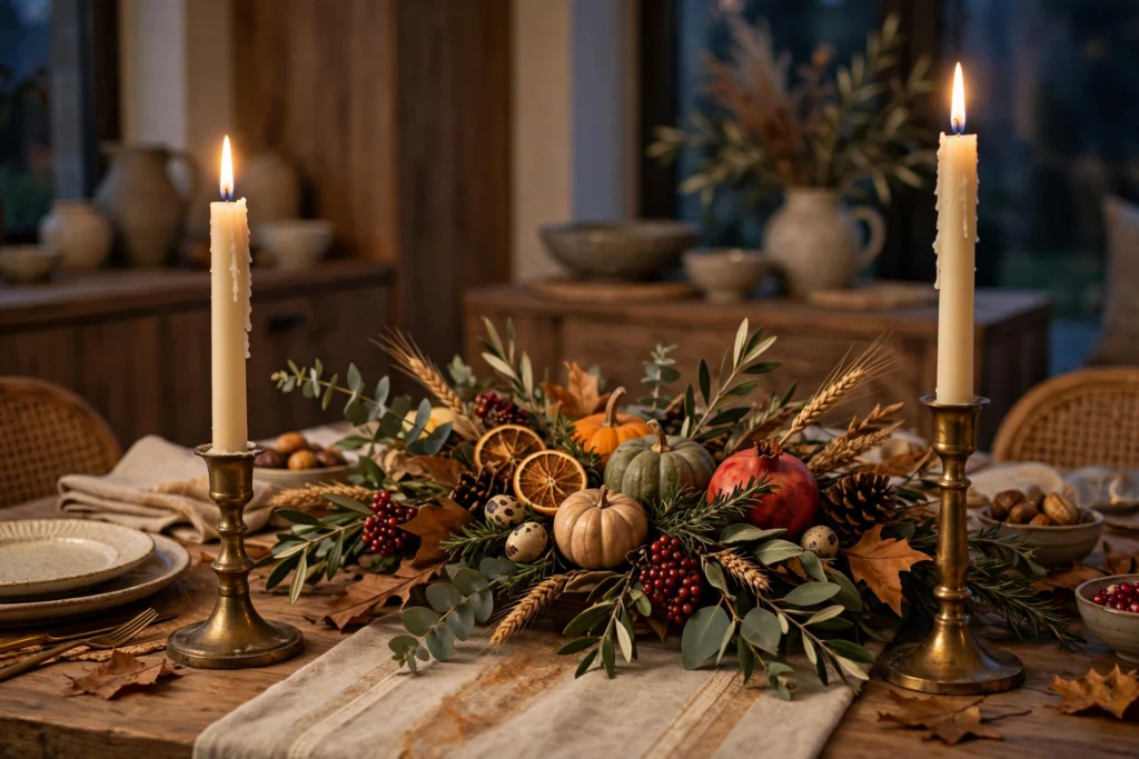 Cornucopia Decor Ideas for a Traditional Thanksgiving Table 5 Brass taper candle holders with ivory candles flanking a Thanksgiving table centerpiece