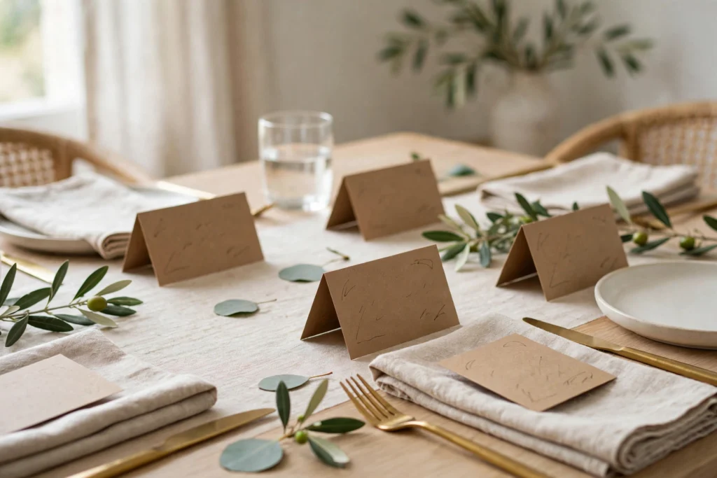 Budget Thanksgiving Tablescape Ideas That Still Look Elegant 6 Handwritten brown paper place cards adding personal charm to table.