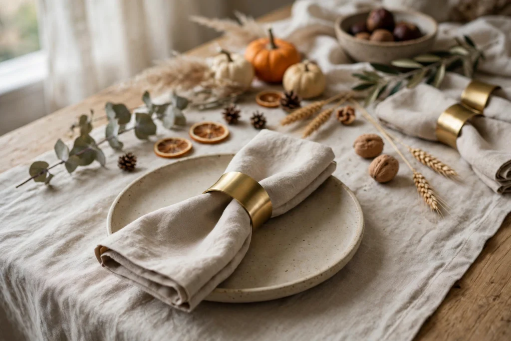 Modern Minimalist Thanksgiving Decor for a Chic Clean Table 13 Brushed brass napkin rings on linen napkins at a minimalist Thanksgiving place setting.