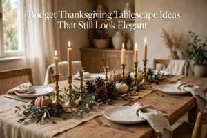 Elegant budget Thanksgiving tablescape with thrifted finds and natural elements styled beautifully.