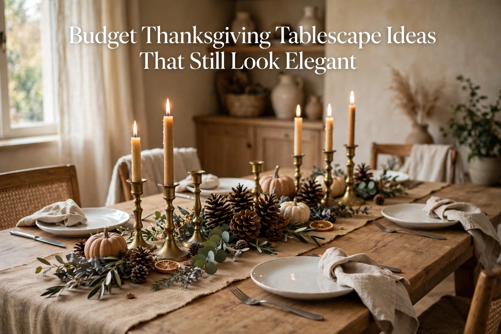 Elegant budget Thanksgiving tablescape with thrifted finds and natural elements styled beautifully.