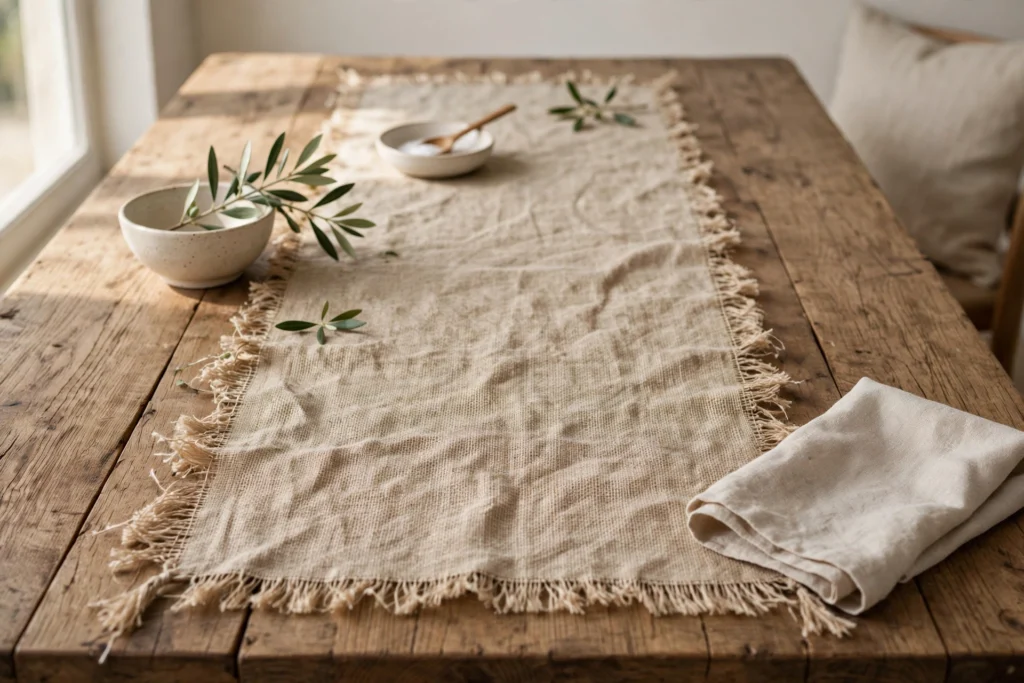 Handmade burlap runner with frayed edges styled beautifully on a wooden table.