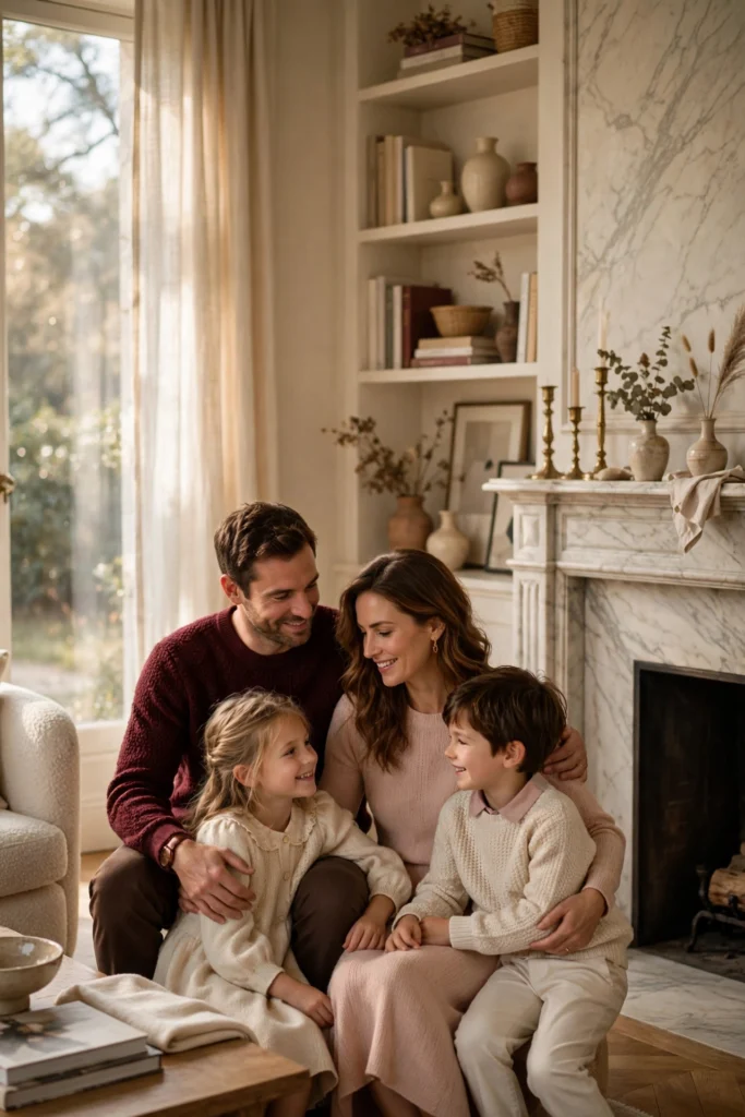 Family Thanksgiving Twinning Outfits for a Cute Photo Moment 12 Family in burgundy, blush, and cream tones posing by a marble fireplace.