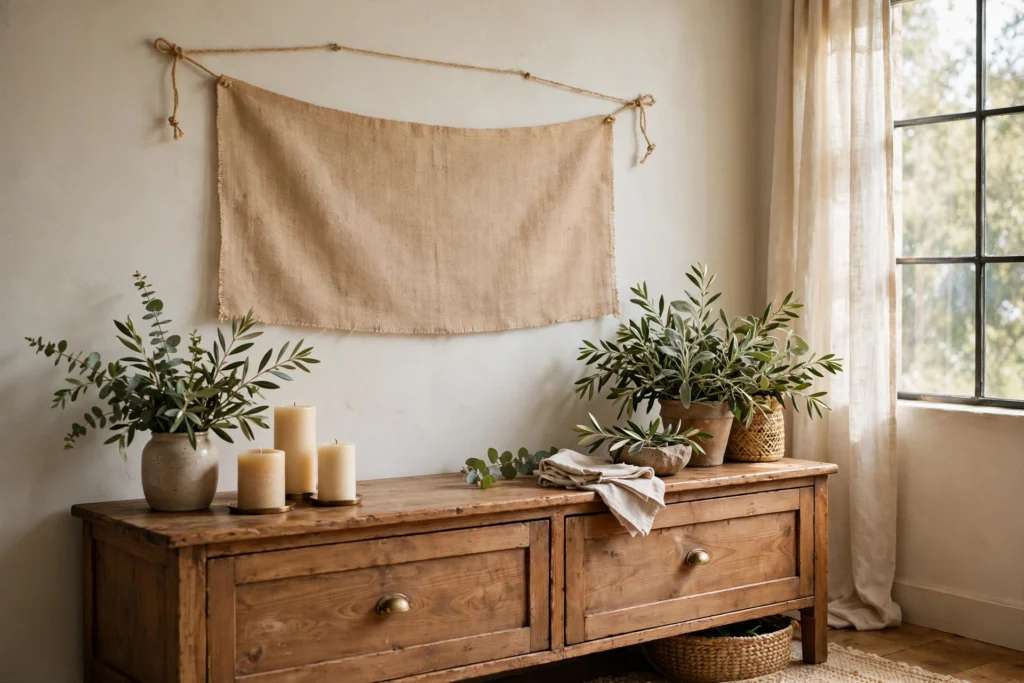 Gratitude and Thankful Themed Decor for Your Thanksgiving Home 7 Burlap wall banner hung with twine above a wooden sideboard display