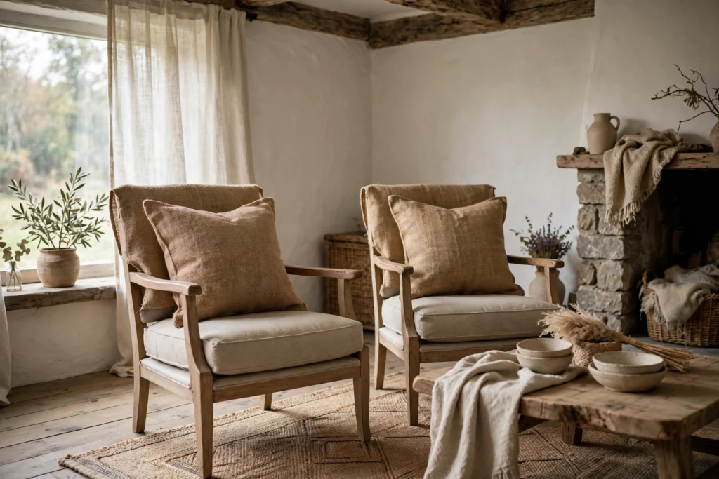 Rustic Thanksgiving Decor for a Warm Cozy Harvest Feel 15 Burlap pillow covers adding rustic texture to cozy living room chairs.