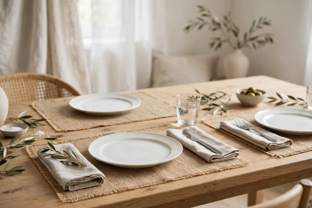 Budget Thanksgiving Tablescape Ideas That Still Look Elegant 14 Rustic burlap placemats framing white plates on a holiday table.