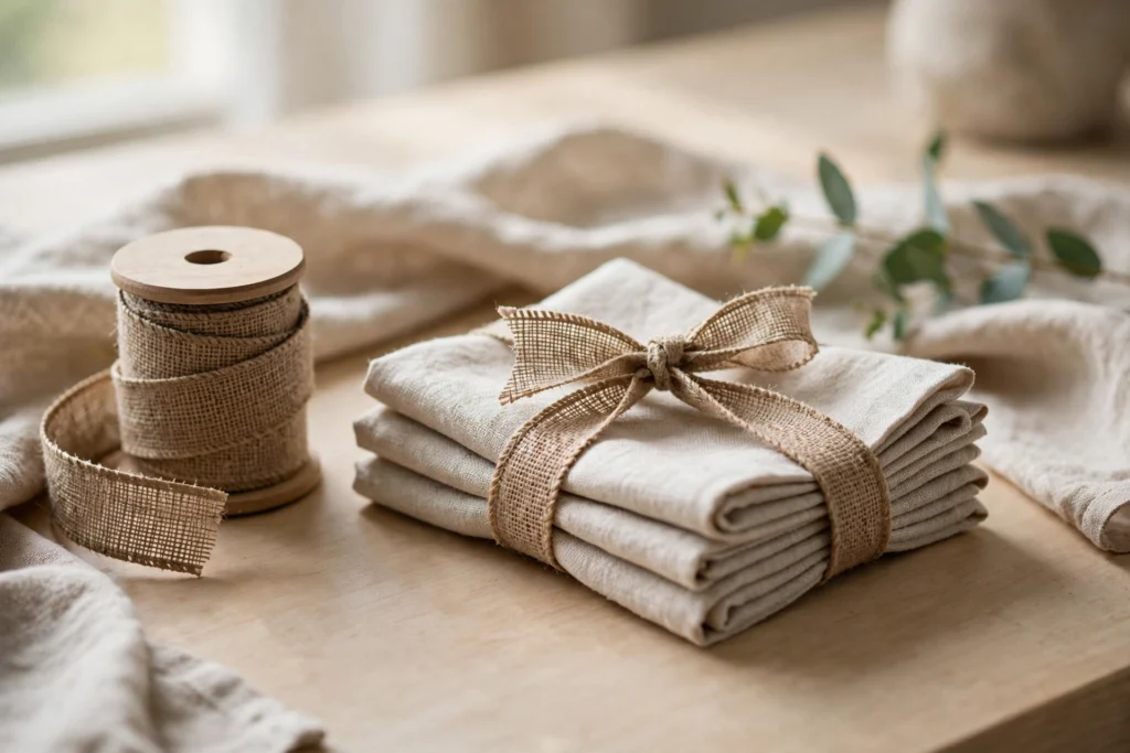Turkey Day Decor Ideas for a Cozy Festive Home 25 Natural burlap ribbon spool beside folded table napkins tied with rustic bows.