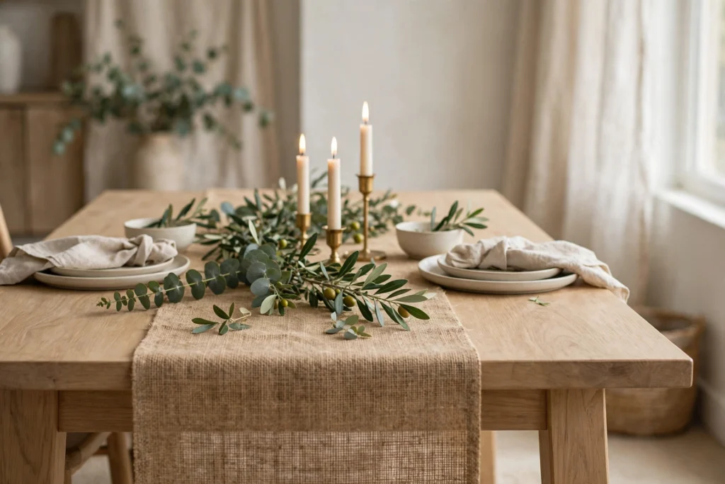 Turkey Day Decor Ideas for a Cozy Festive Home 4 Burlap table runner layered down a dining table with candles and greenery.