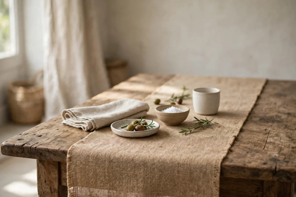 Rustic Thanksgiving Decor for a Warm Cozy Harvest Feel 3 Burlap table runner adding farmhouse texture to a rustic wooden table.