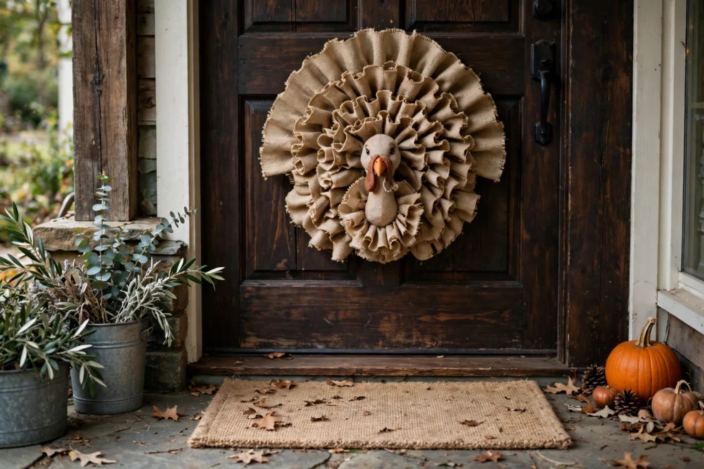 Ruffled burlap turkey wreath on dark wooden door with matching burlap doormat.