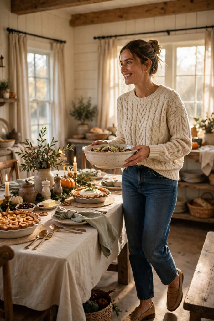 Turkey Day Outfit Ideas for a Festive Casual Look 2 Woman in a cable-knit sweater and jeans carrying a dish at Thanksgiving.