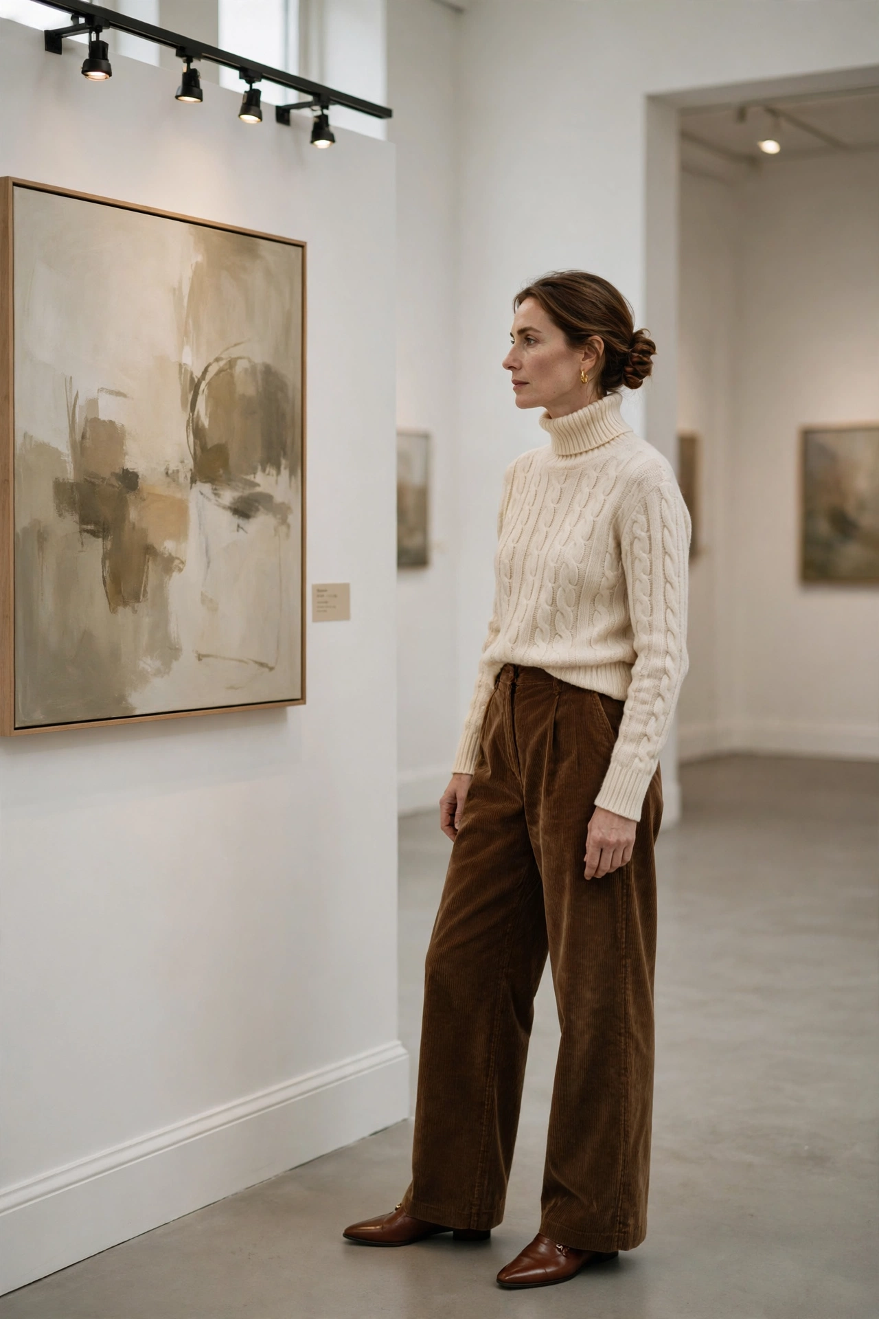Woman in a cable-knit turtleneck and wide-leg corduroy trousers at an art gallery.
