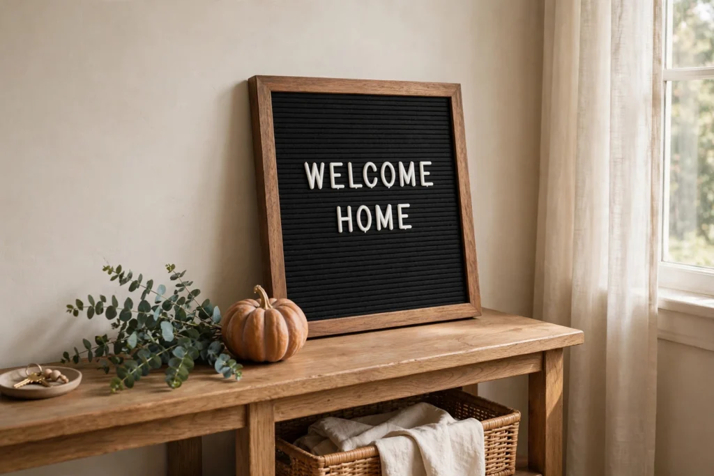 Gratitude and Thankful Themed Decor for Your Thanksgiving Home 2 Wooden message board on a console beside pumpkins and eucalyptus sprigs in warm light