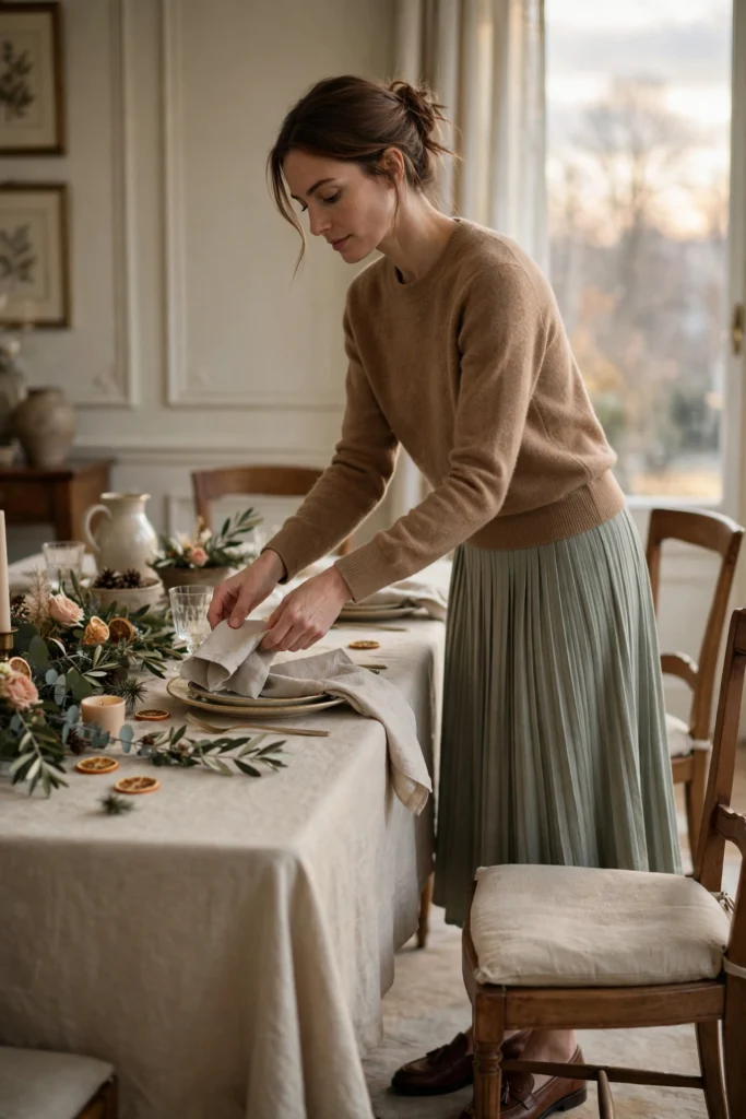 Turkey Day Outfit Ideas for a Festive Casual Look 9 Woman setting the table in a cashmere sweater and pleated skirt at home.