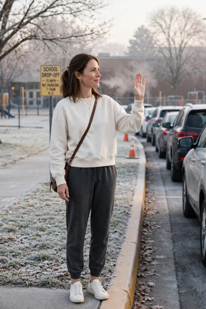 Woman in cashmere-blend joggers and a boxy sweatshirt at frosty school drop-off.