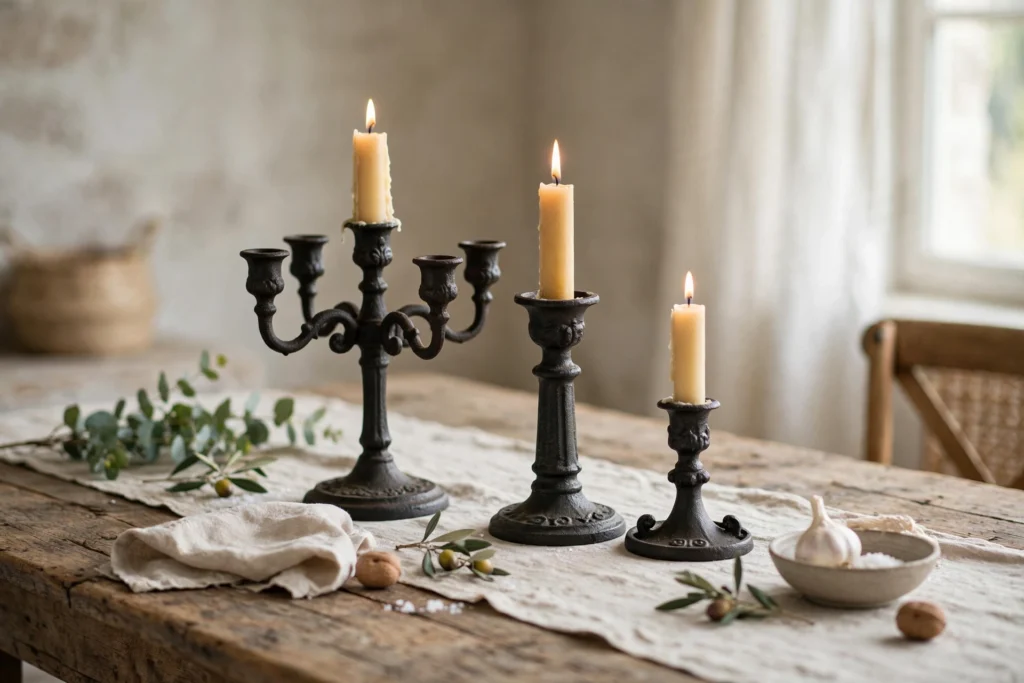 Rustic Thanksgiving Decor for a Warm Cozy Harvest Feel 10 Cast iron candle holders adding substantial rustic weight to a table.