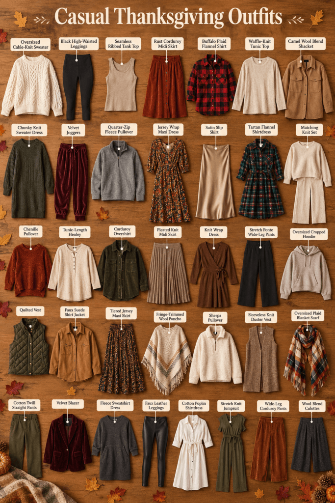Flat lay of casual Thanksgiving outfit pieces: sweaters, leggings, corduroy skirts, and velvet blazers