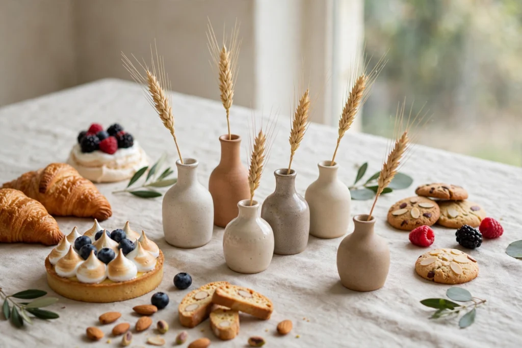 Friendsgiving Decor Ideas for a Fun Festive Party 11 Ceramic bud vases with single wheat stems clustered on a dessert table.