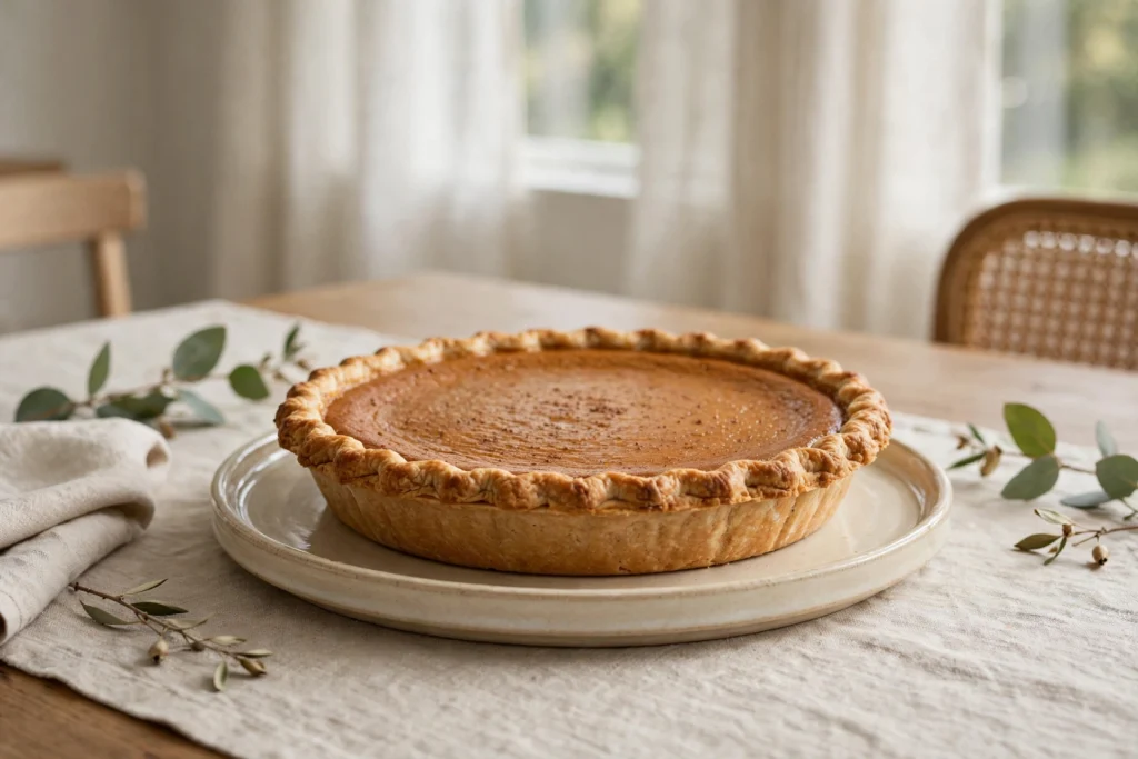 Ceramic cake plate holding a pumpkin pie on a styled dining room table.