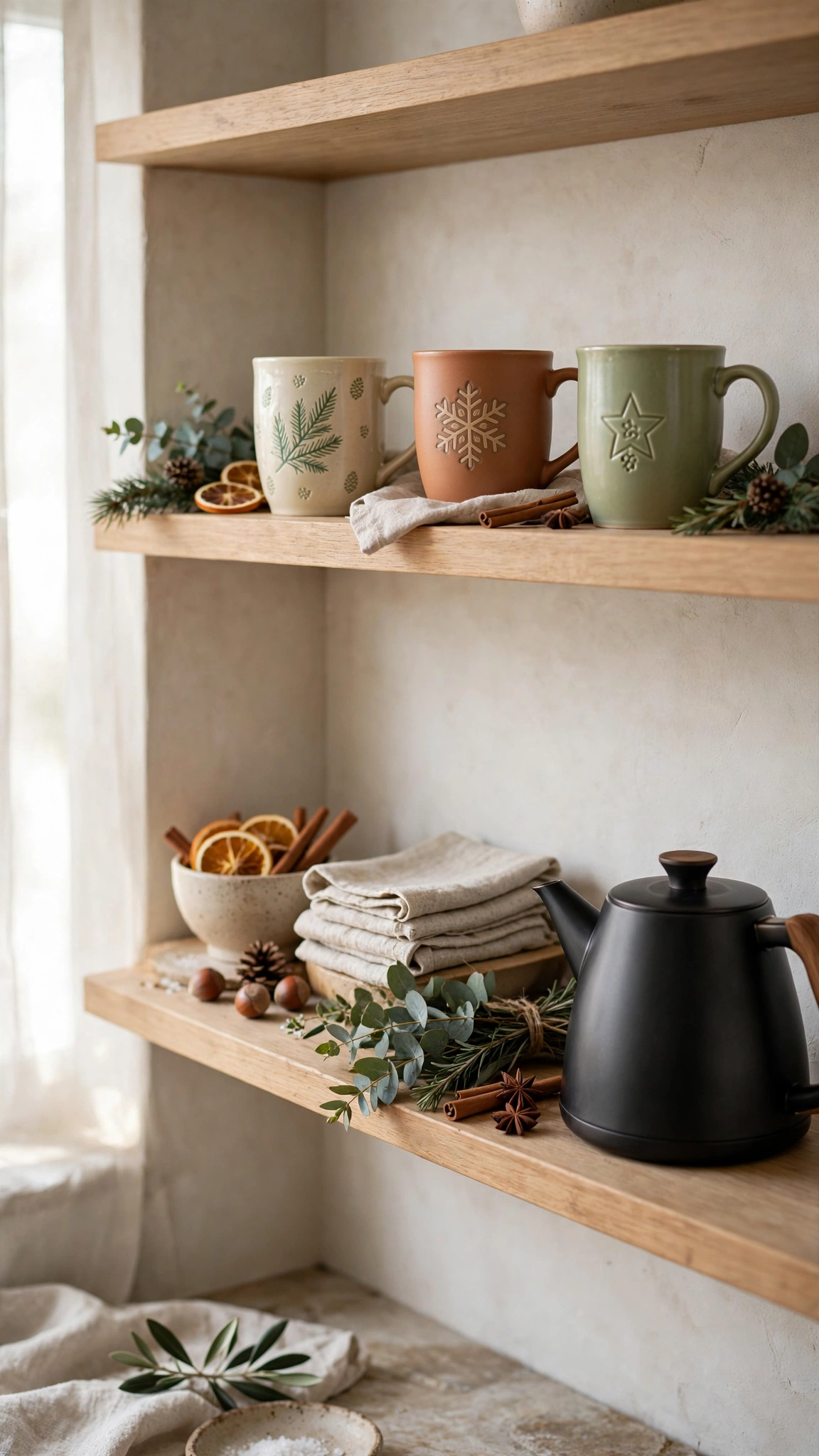 Christmas Kitchen Decor Ideas for a Festive Cozy Space 5 Ceramic holiday mugs arranged on open kitchen shelves beside a kettle and greenery.