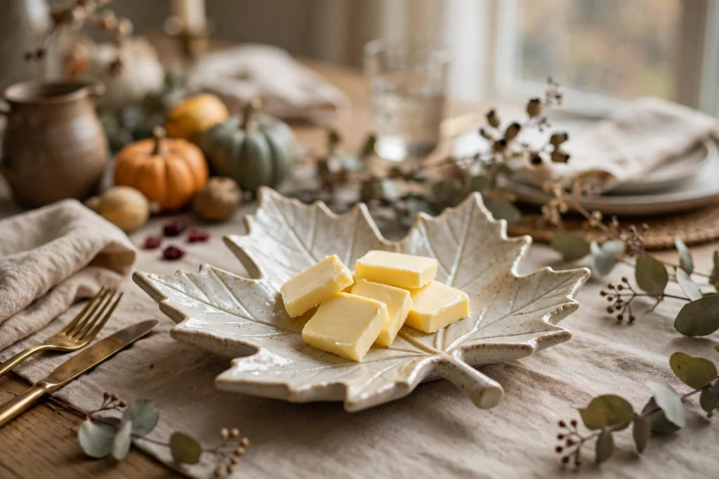 Cornucopia Decor Ideas for a Traditional Thanksgiving Table 15 Ceramic leaf-shaped dish holding butter pats on a set Thanksgiving dining table