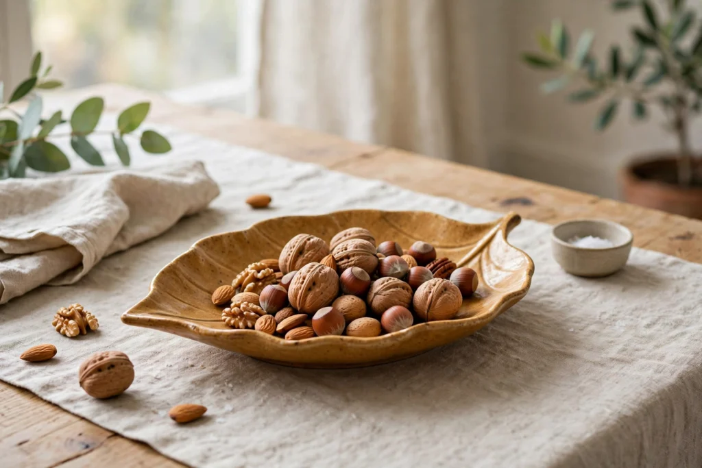 Turkey Day Decor Ideas for a Cozy Festive Home 13 Ochre ceramic leaf-shaped dish holding mixed nuts on a styled Thanksgiving table.