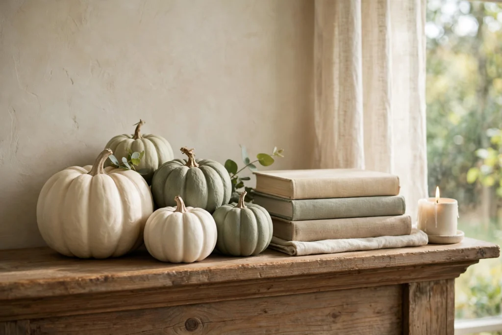 Gratitude and Thankful Themed Decor for Your Thanksgiving Home 8 Ceramic pumpkins in cream and sage on a styled wooden mantel