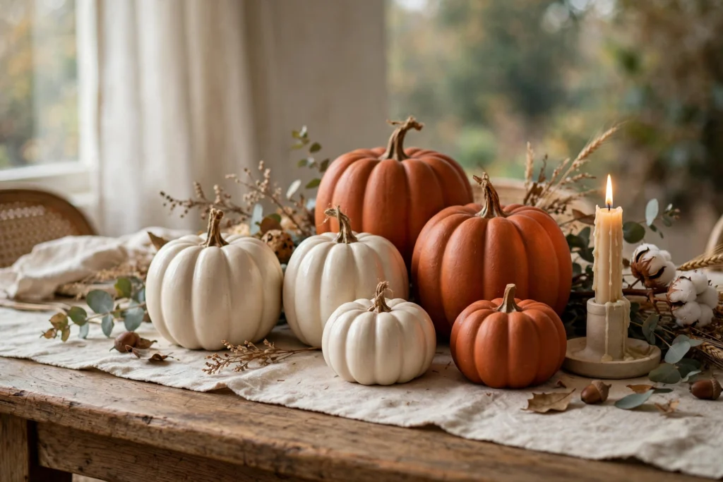 Cornucopia Decor Ideas for a Traditional Thanksgiving Table 4 Ceramic pumpkin trio in burnt orange and cream on a harvest dining table