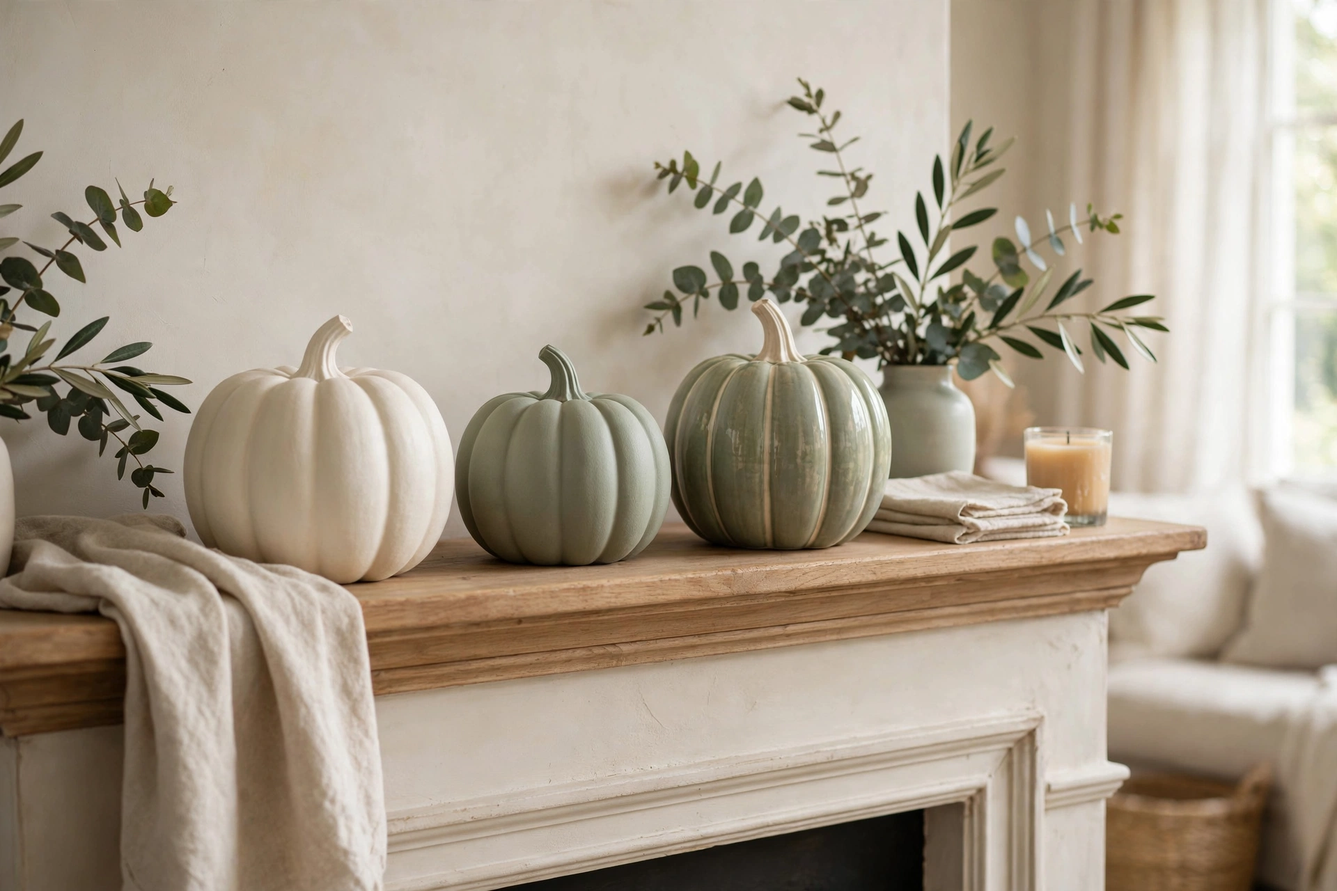 Ceramic pumpkin trio in cream and sage styled on a mantel.