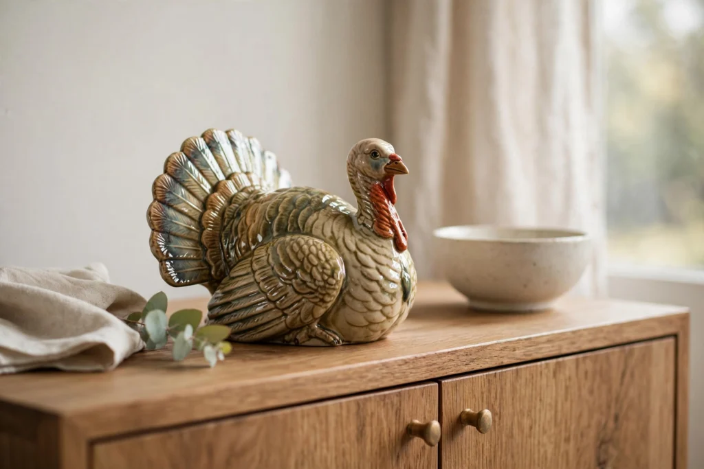 Turkey Day Decor Ideas for a Cozy Festive Home 2 Glazed ceramic turkey figurine styled on a wooden sideboard with warm lamplight.
