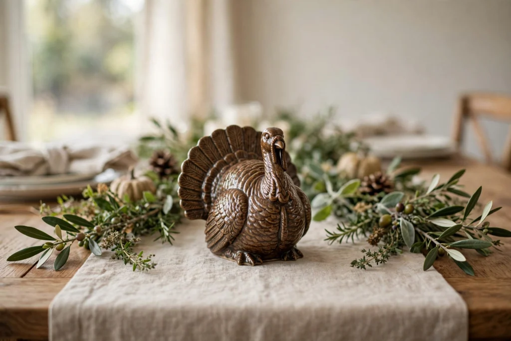 Bronze ceramic turkey figurine centered on a Thanksgiving table with linen and greenery