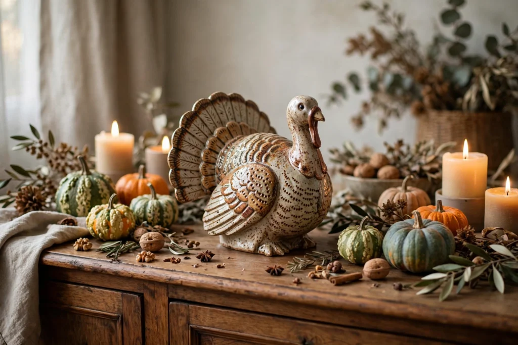 Cornucopia Decor Ideas for a Traditional Thanksgiving Table 19 Ceramic turkey figurine on a Thanksgiving dining sideboard among gourds and candles