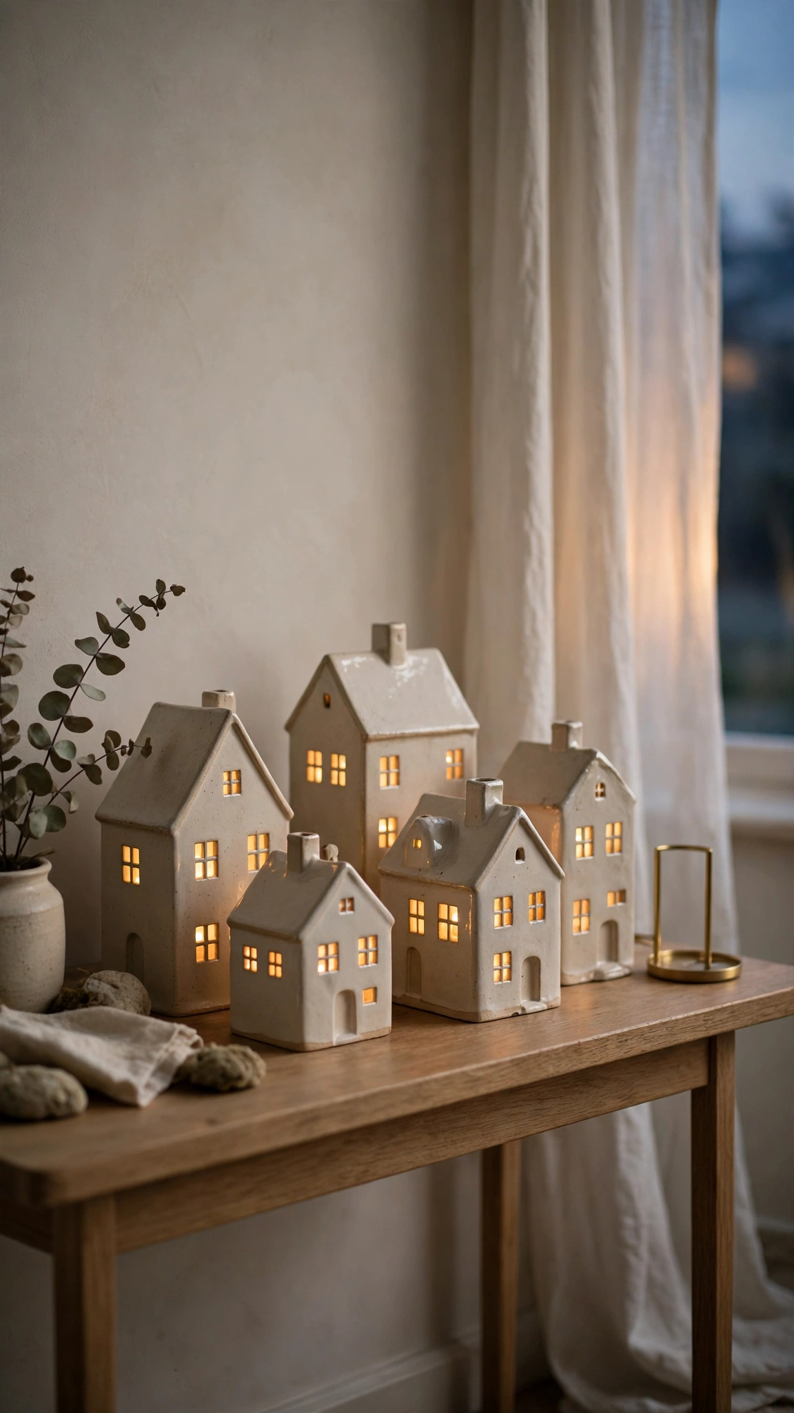Ceramic village houses with glowing windows arranged along a console table at dusk.