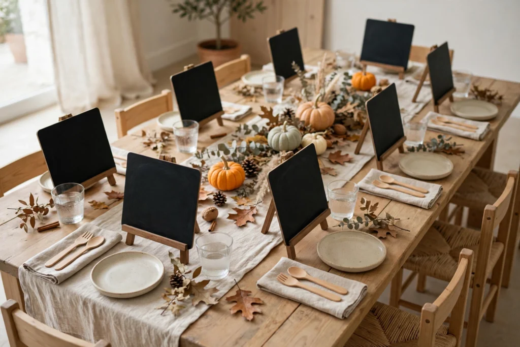 Chalkboard menu cards propped at each seat on a children's Thanksgiving table
