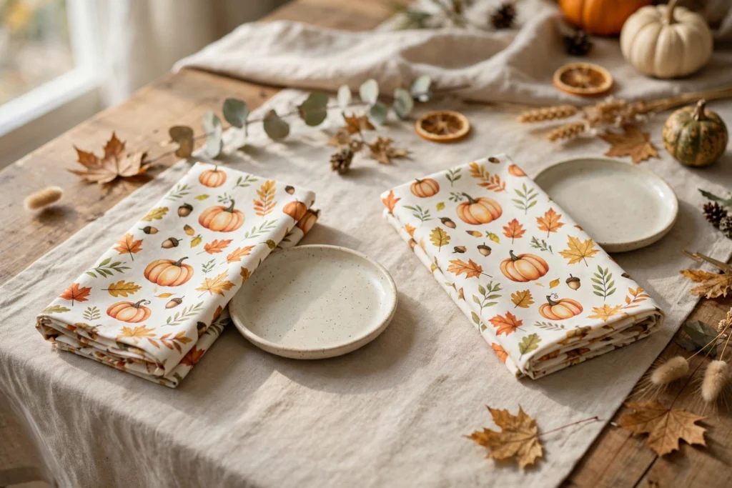 Child-size fall-print cloth napkins folded neatly beside plates on a Thanksgiving table