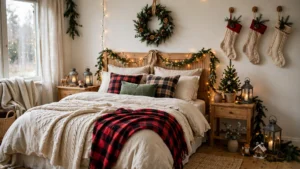 Cozy Christmas bedroom with layered bedding, string lights, greenery, and festive decor