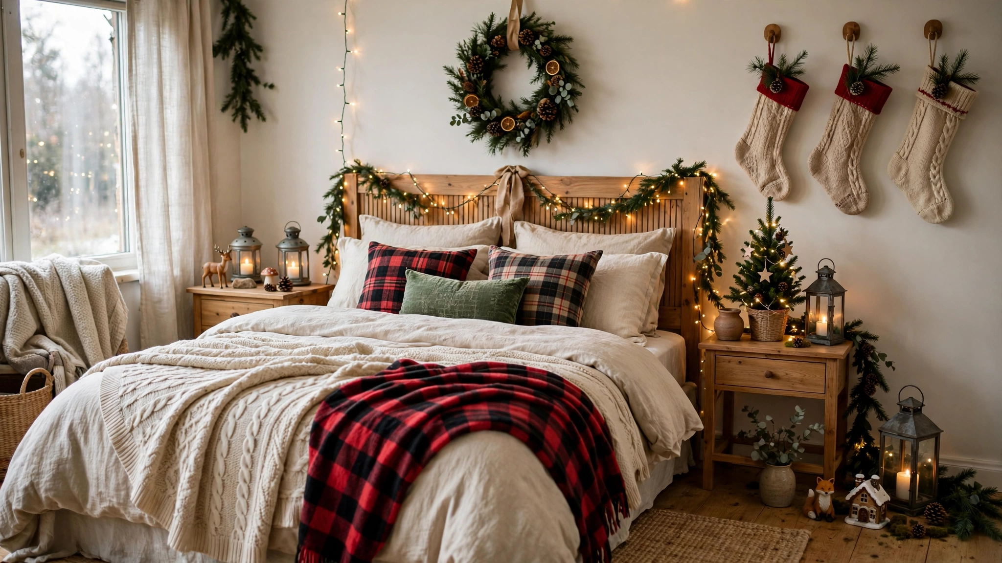 Christmas Bedroom Decor Ideas for a Cozy Festive Retreat 1 Cozy Christmas bedroom with layered bedding, string lights, greenery, and festive decor